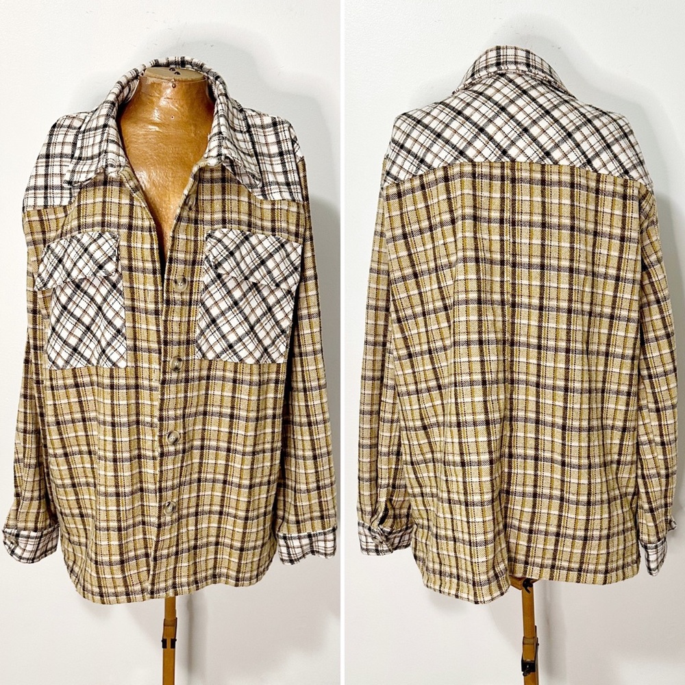 Umgee Plaid Button-Down Shirt Jacket in Brown and Cream